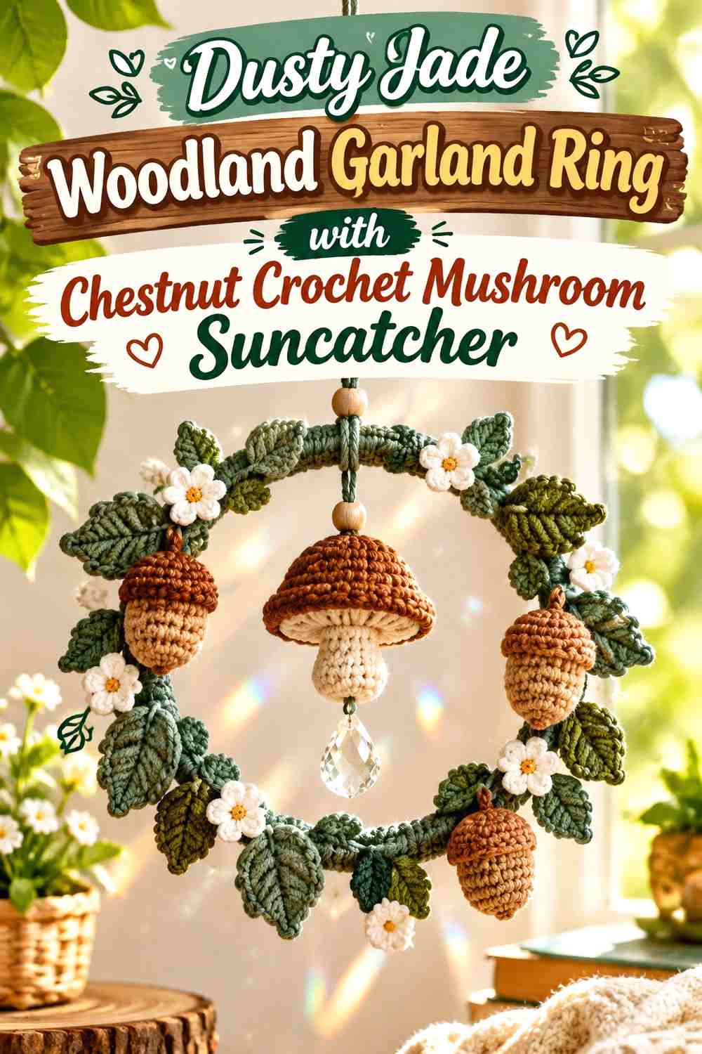 Dusty Jade Woodland Garland Ring with Chestnut Crochet Mushroom Suncatcher