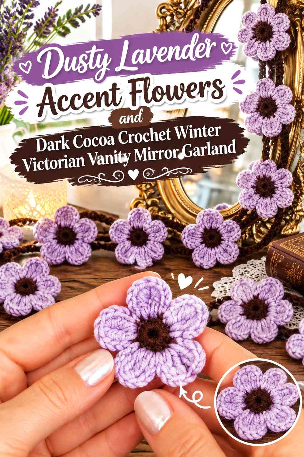 Dusty Lavender Accent Flowers and Dark Cocoa Crochet Winter Victorian Vanity Mirror Garland