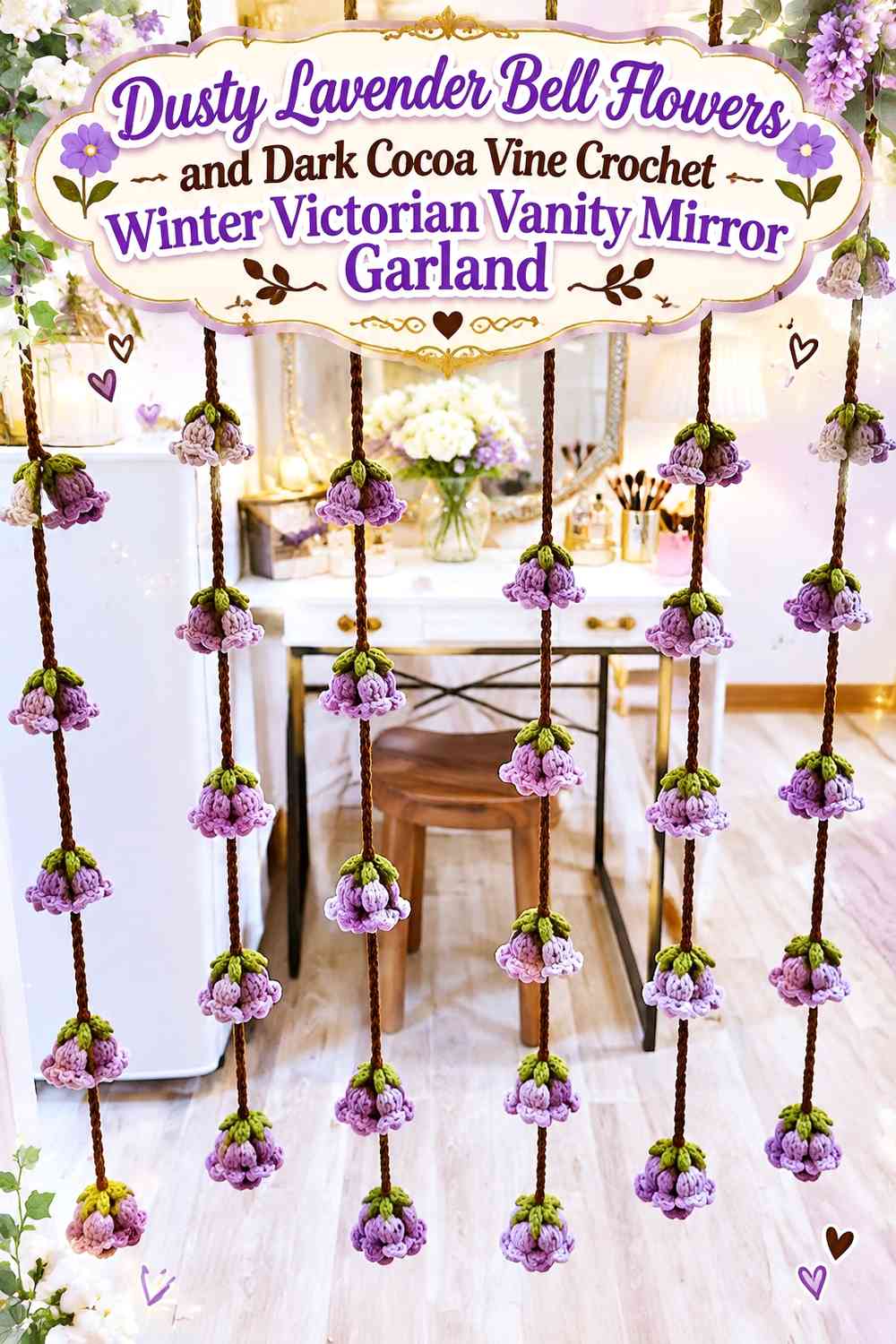 Dusty Lavender Bell Flowers and Dark Cocoa Vine Crochet Winter Victorian Vanity Mirror Garland