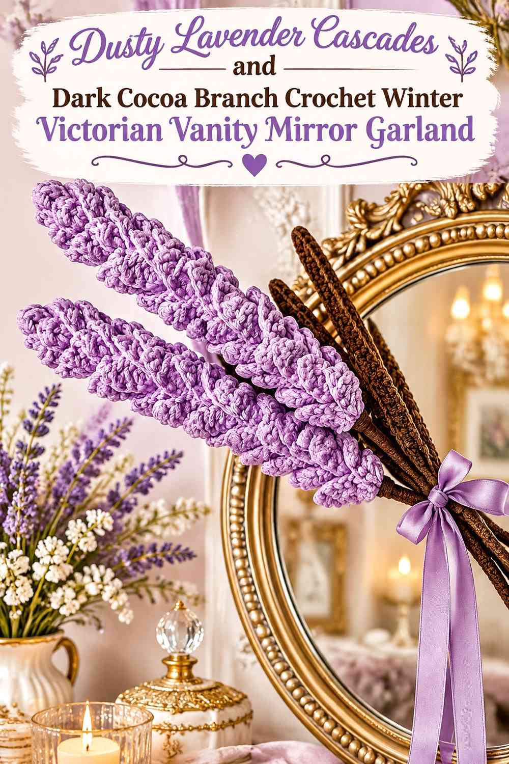 Dusty Lavender Cascades and Dark Cocoa Branch Crochet Winter Victorian Vanity Mirror Garland