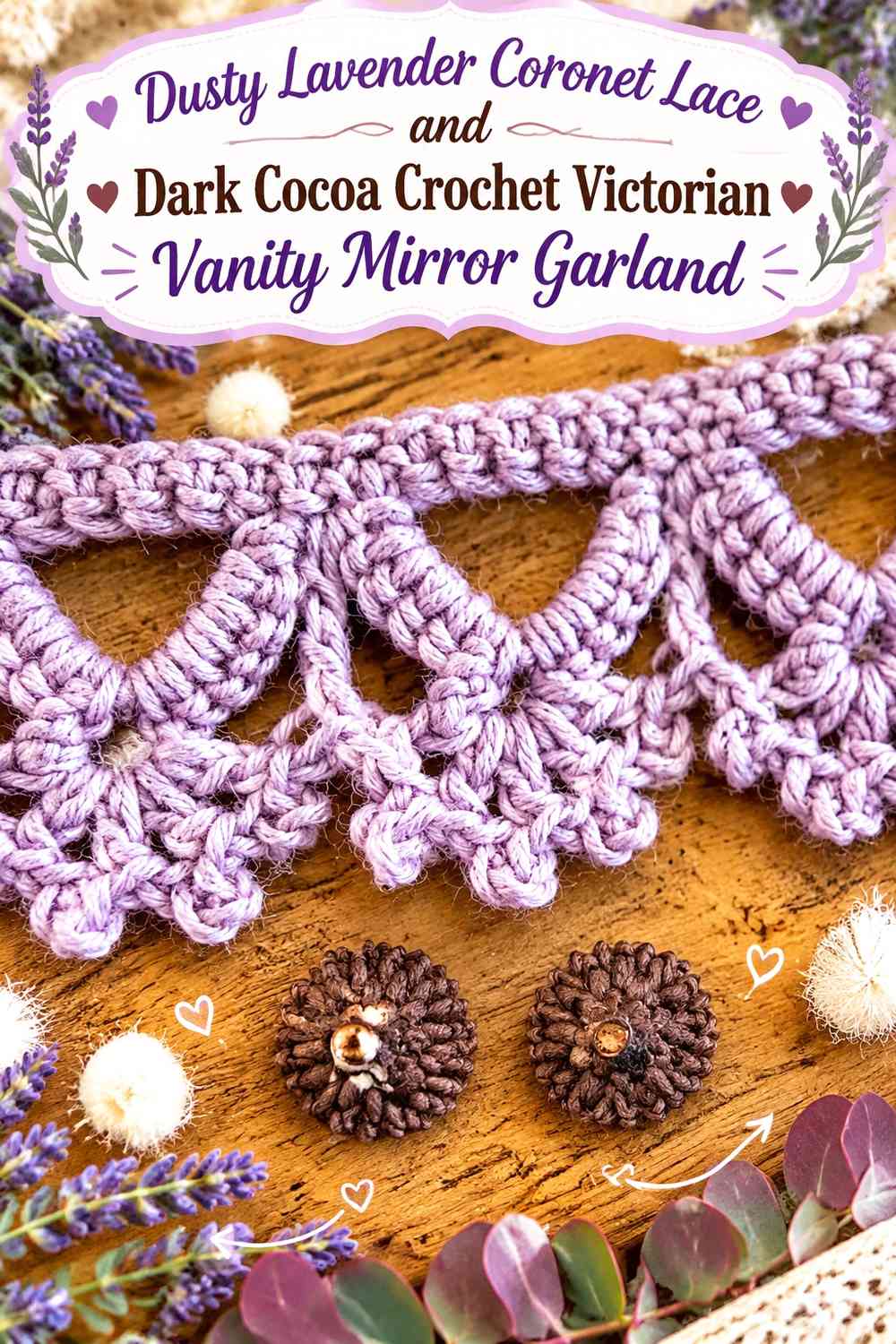 Dusty Lavender Coronet Lace and Dark Cocoa Crochet Victorian Vanity Mirror Garland