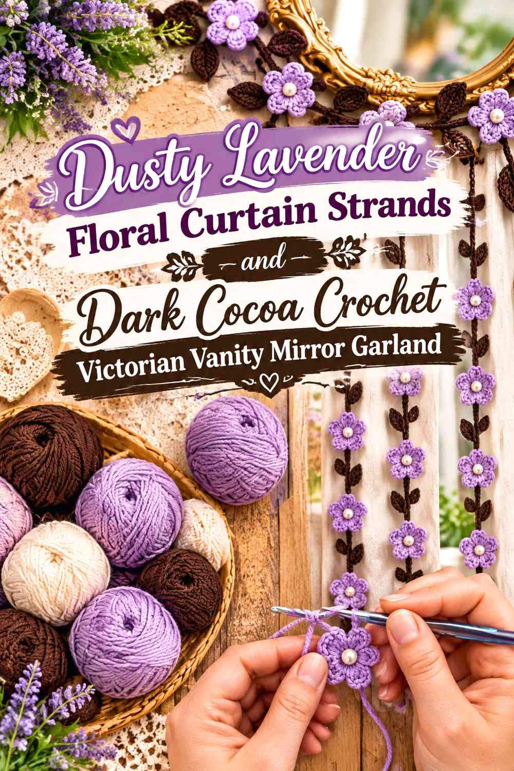 Dusty Lavender Floral Curtain Strands and Dark Cocoa Crochet Victorian Vanity Mirror Garland