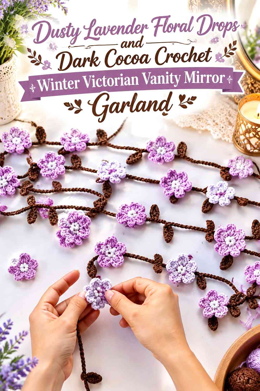 Dusty Lavender Floral Drops and Dark Cocoa Crochet Winter Victorian Vanity Mirror Garland