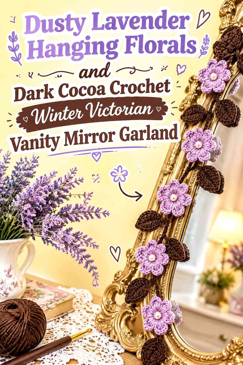 Dusty Lavender Hanging Florals and Dark Cocoa Crochet Winter Victorian Vanity Mirror Garland