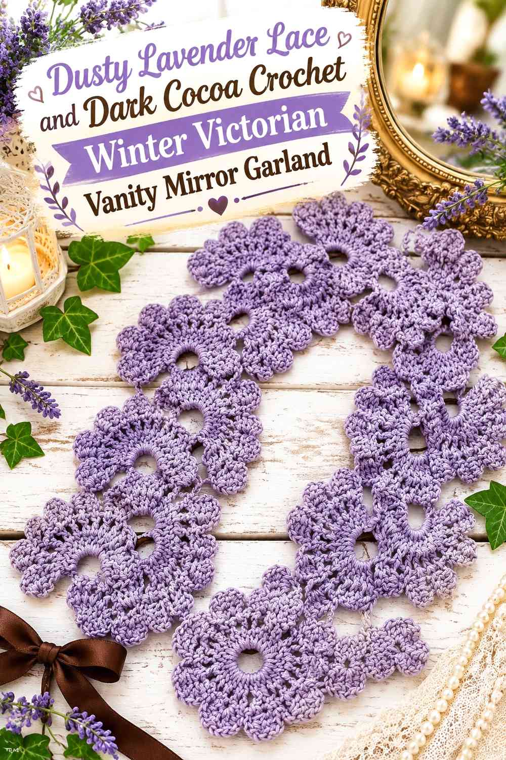 Dusty Lavender Lace and Dark Cocoa Crochet Winter Victorian Vanity Mirror Garland