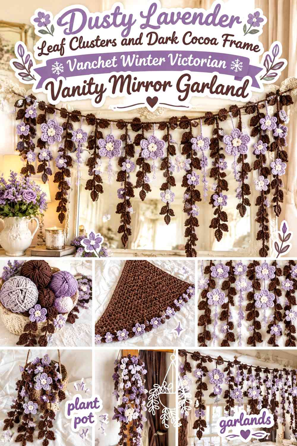Dusty Lavender Leaf Clusters and Dark Cocoa Frame Crochet Winter Victorian Vanity Mirror Garland