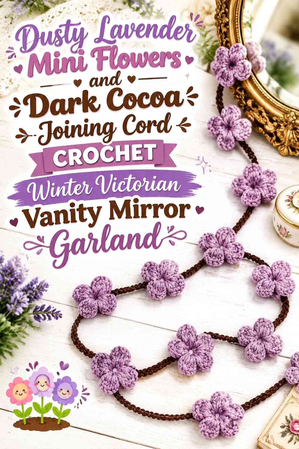 Dusty Lavender Mini Flowers and Dark Cocoa Joining Cord Crochet Winter Victorian Vanity Mirror Garland