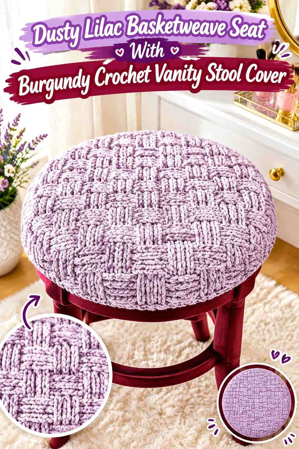 Dusty Lilac Basketweave Seat With Burgundy Crochet Vanity Stool Cover
