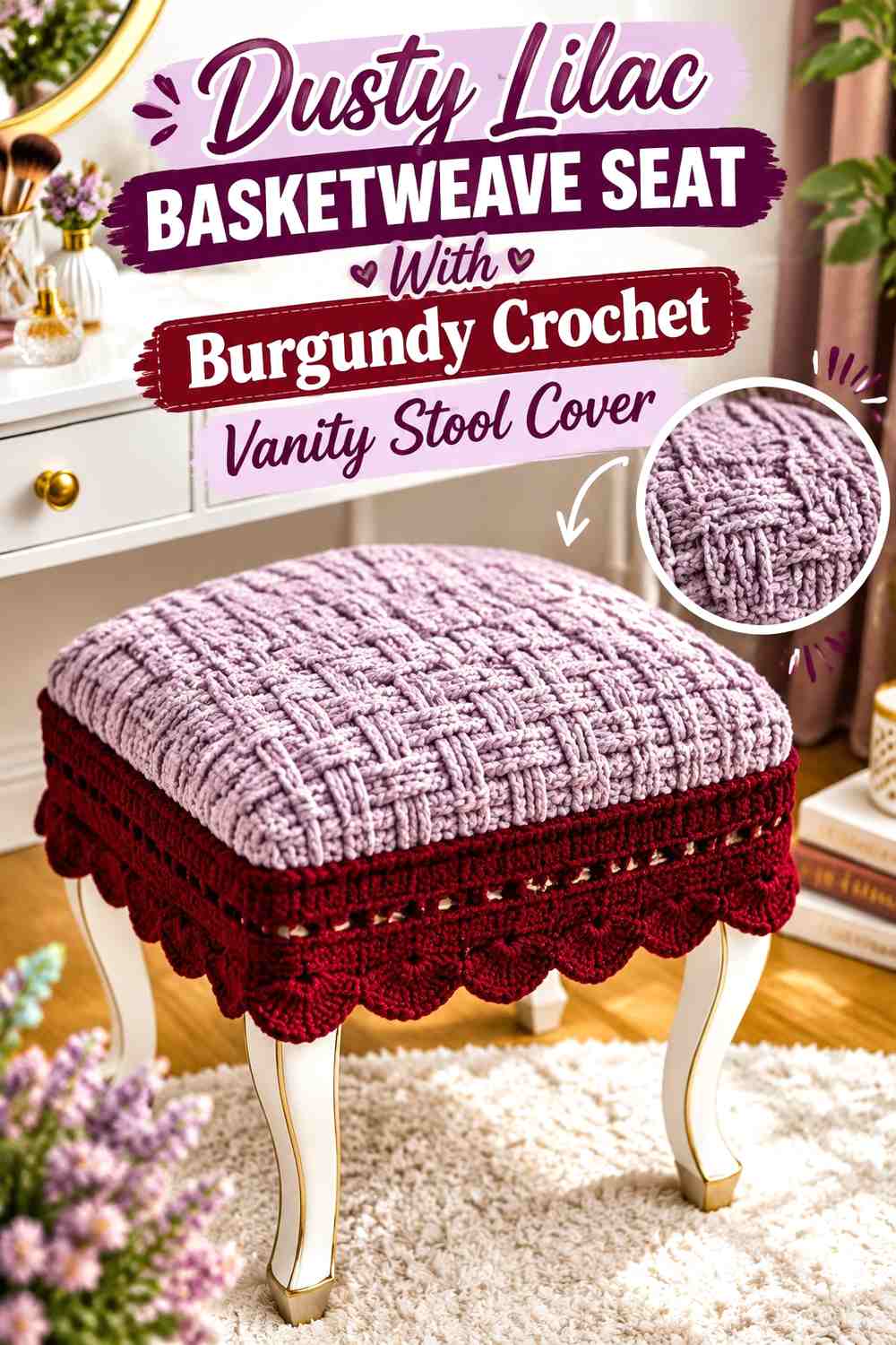 Dusty Lilac Basketweave Seat With Burgundy Crochet Vanity Stool Cover