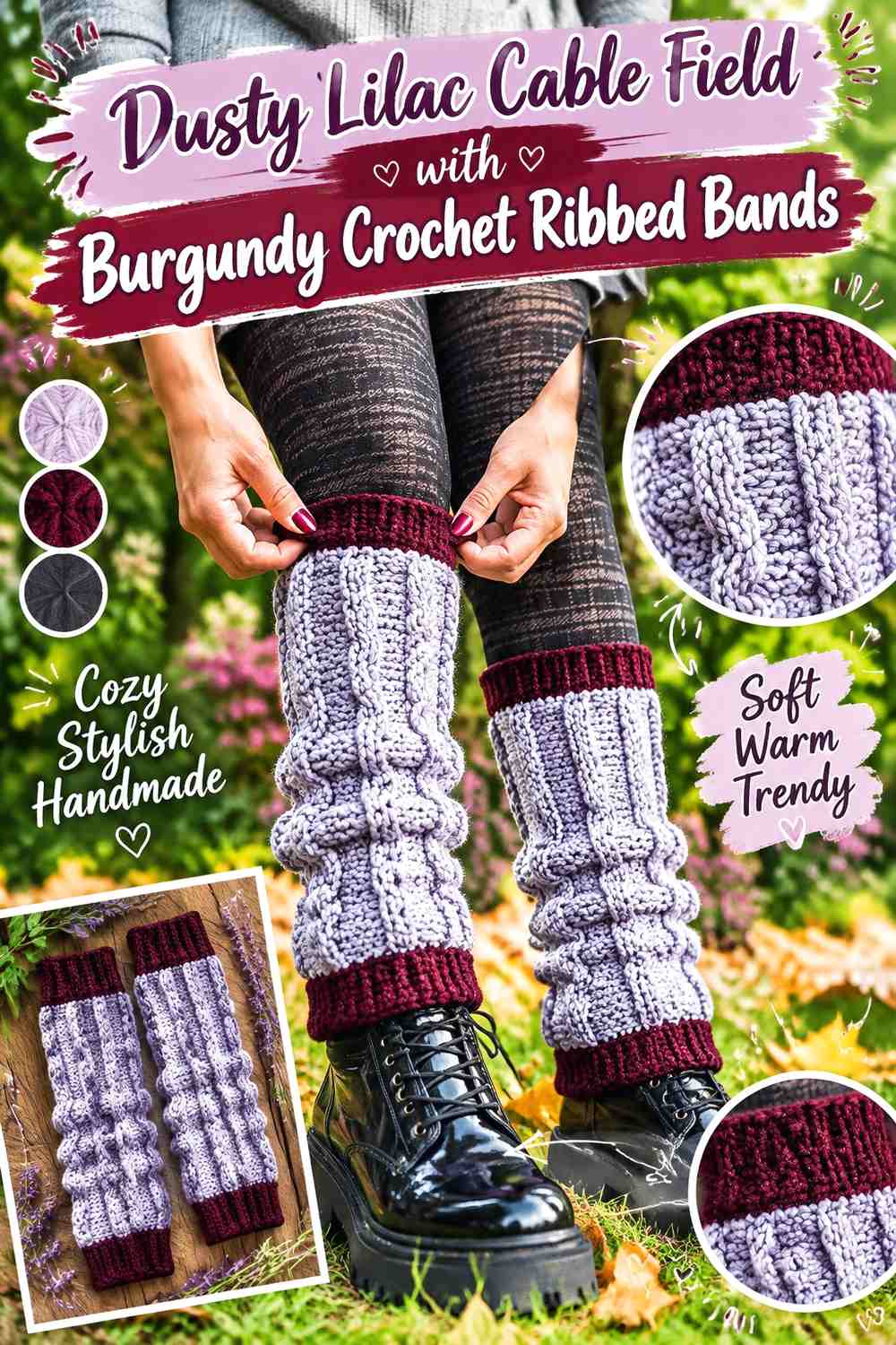 Dusty Lilac Cable Field with Burgundy Crochet Ribbed Bands