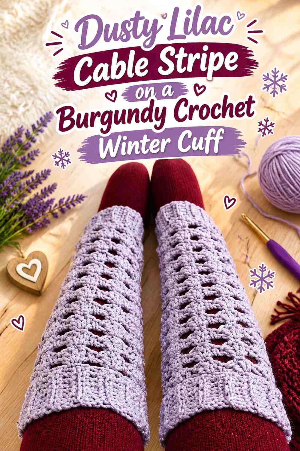 Dusty Lilac Cable Stripe on a Burgundy Crochet Winter Cuff