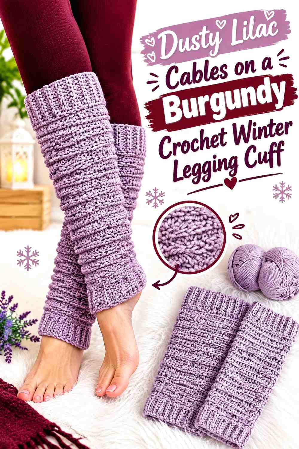 Dusty Lilac Cables on a Burgundy Crochet Winter Legging Cuff