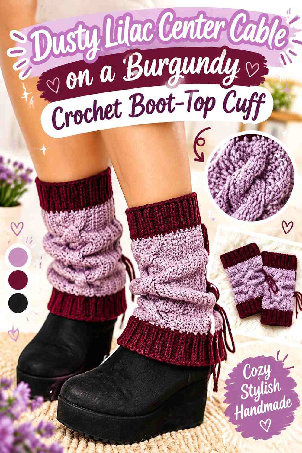 Dusty Lilac Center Cable on a Burgundy Crochet Boot-Top Cuff