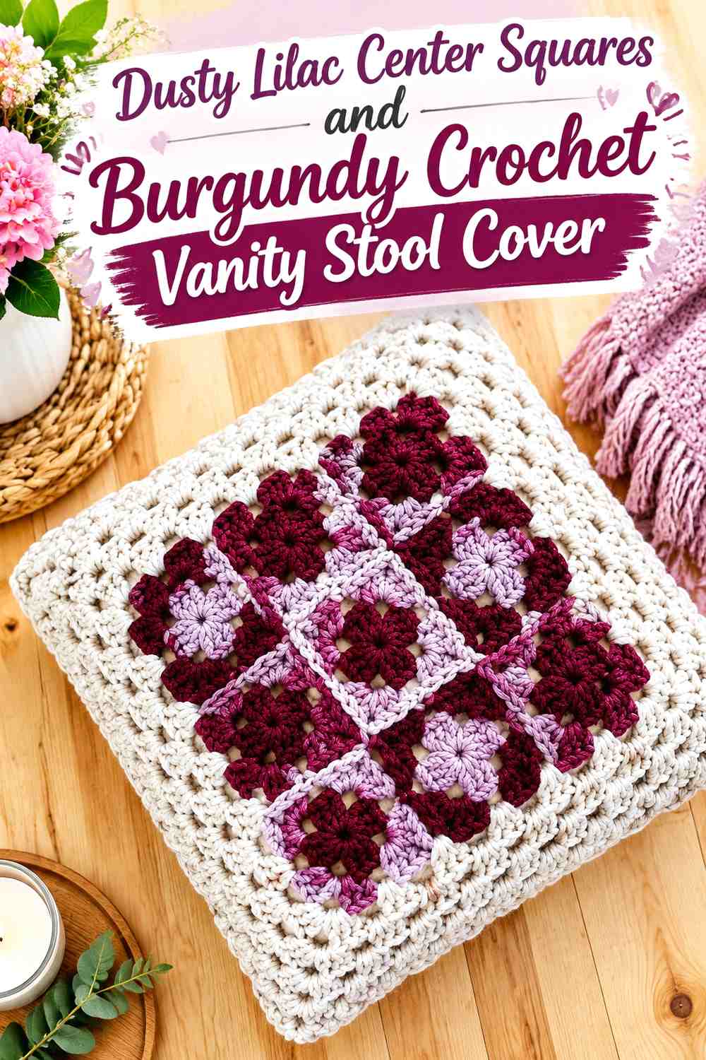 Dusty Lilac Center Squares and Burgundy Crochet Vanity Stool Cover