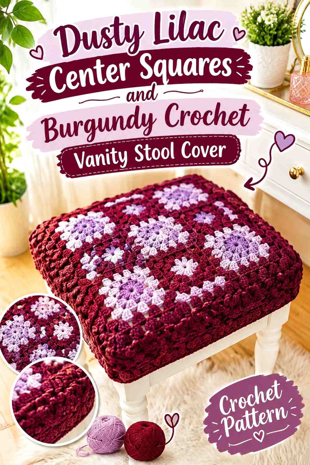 Dusty Lilac Center Squares and Burgundy Crochet Vanity Stool Cover