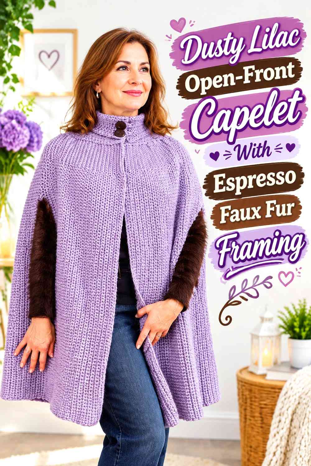 Dusty Lilac Open-Front Capelet With Espresso Faux Fur Framing