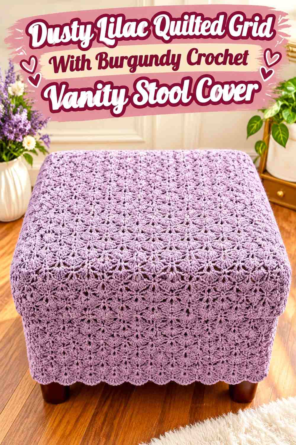 Dusty Lilac Quilted Grid With Burgundy Crochet Vanity Stool Cover