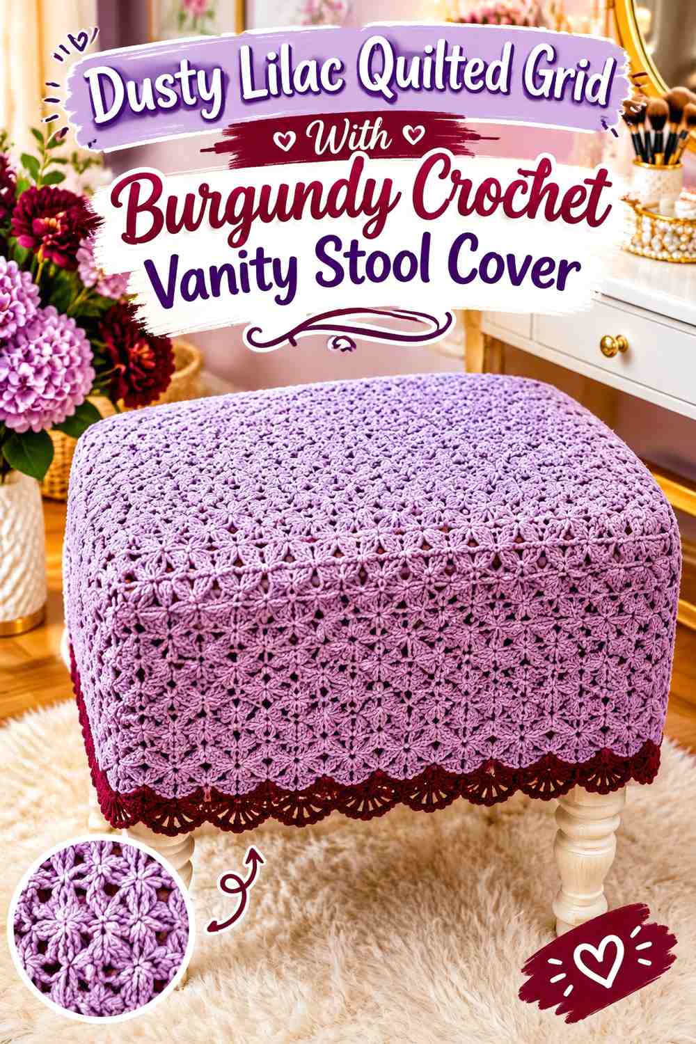 Dusty Lilac Quilted Grid With Burgundy Crochet Vanity Stool Cover