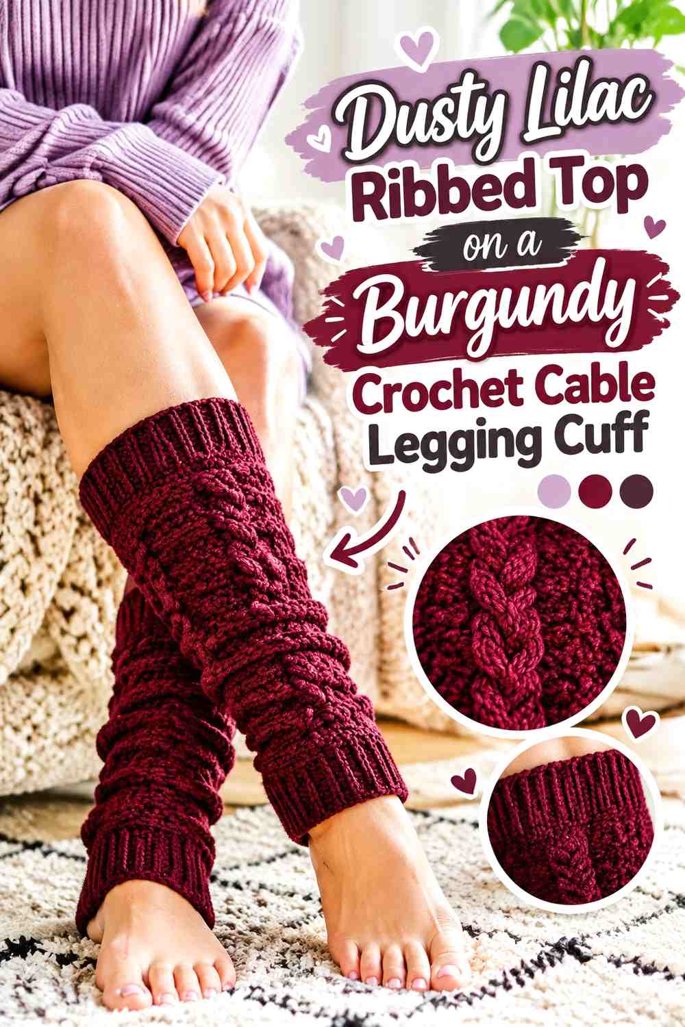 Dusty Lilac Ribbed Top on a Burgundy Crochet Cable Legging Cuff