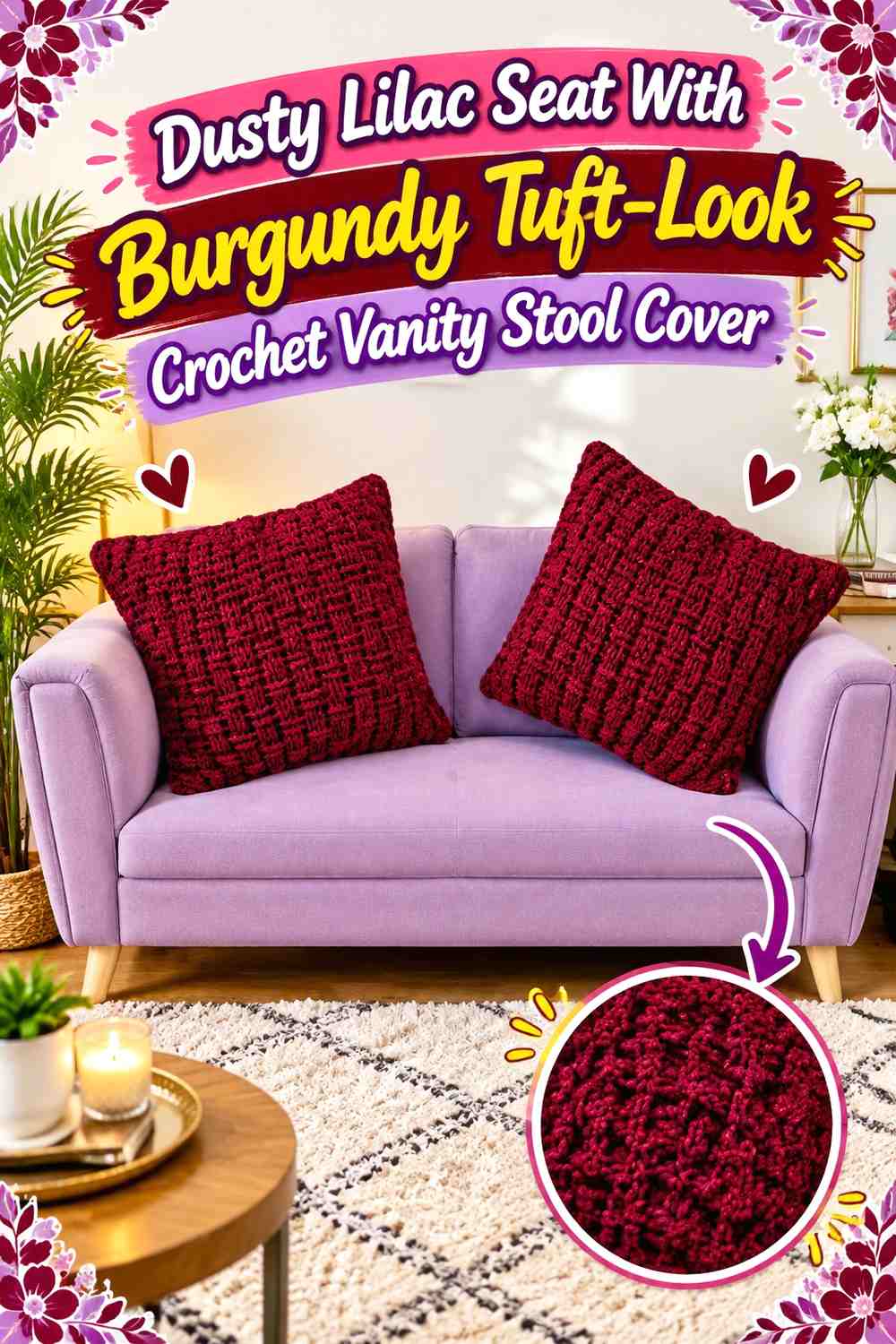 Dusty Lilac Seat With Burgundy Tuft-Look Crochet Vanity Stool Cover