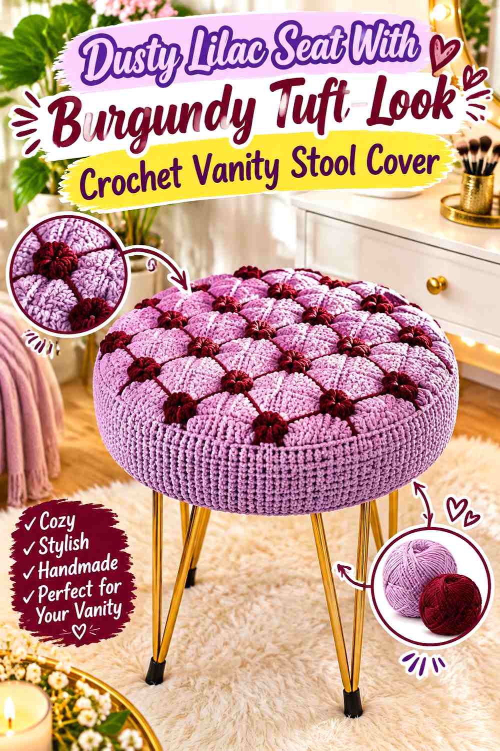 Dusty Lilac Seat With Burgundy Tuft-Look Crochet Vanity Stool Cover