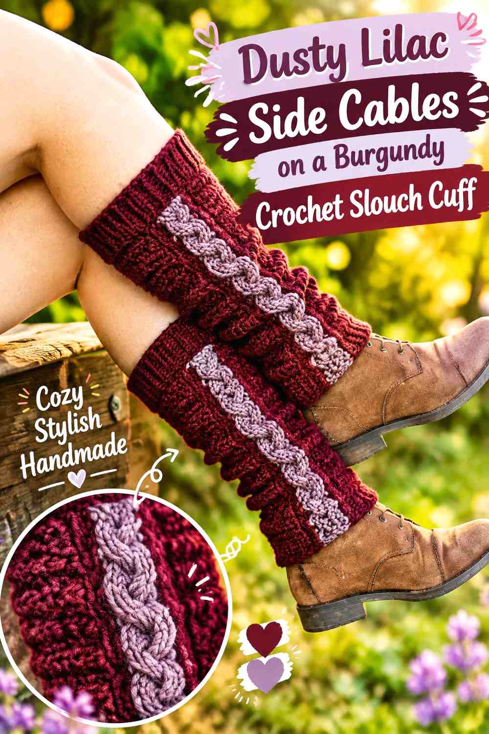 Dusty Lilac Side Cables on a Burgundy Crochet Slouch Cuff