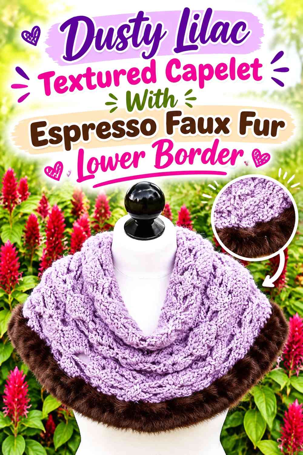 Dusty Lilac Textured Capelet With Espresso Faux Fur Lower Border