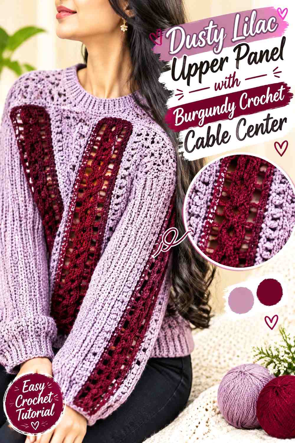 Dusty Lilac Upper Panel with Burgundy Crochet Cable Center
