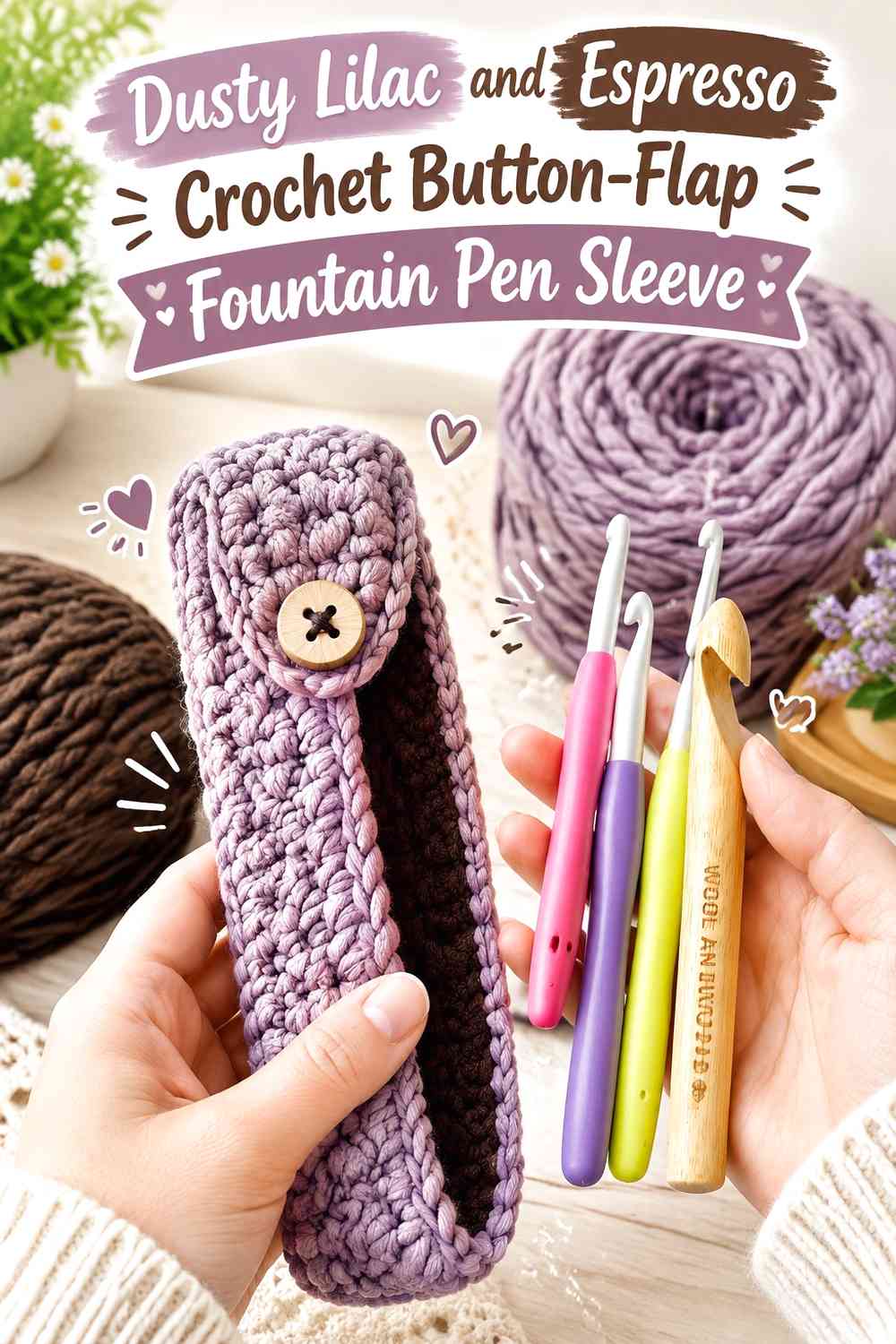 Dusty Lilac and Espresso Crochet Button-Flap Fountain Pen Sleeve