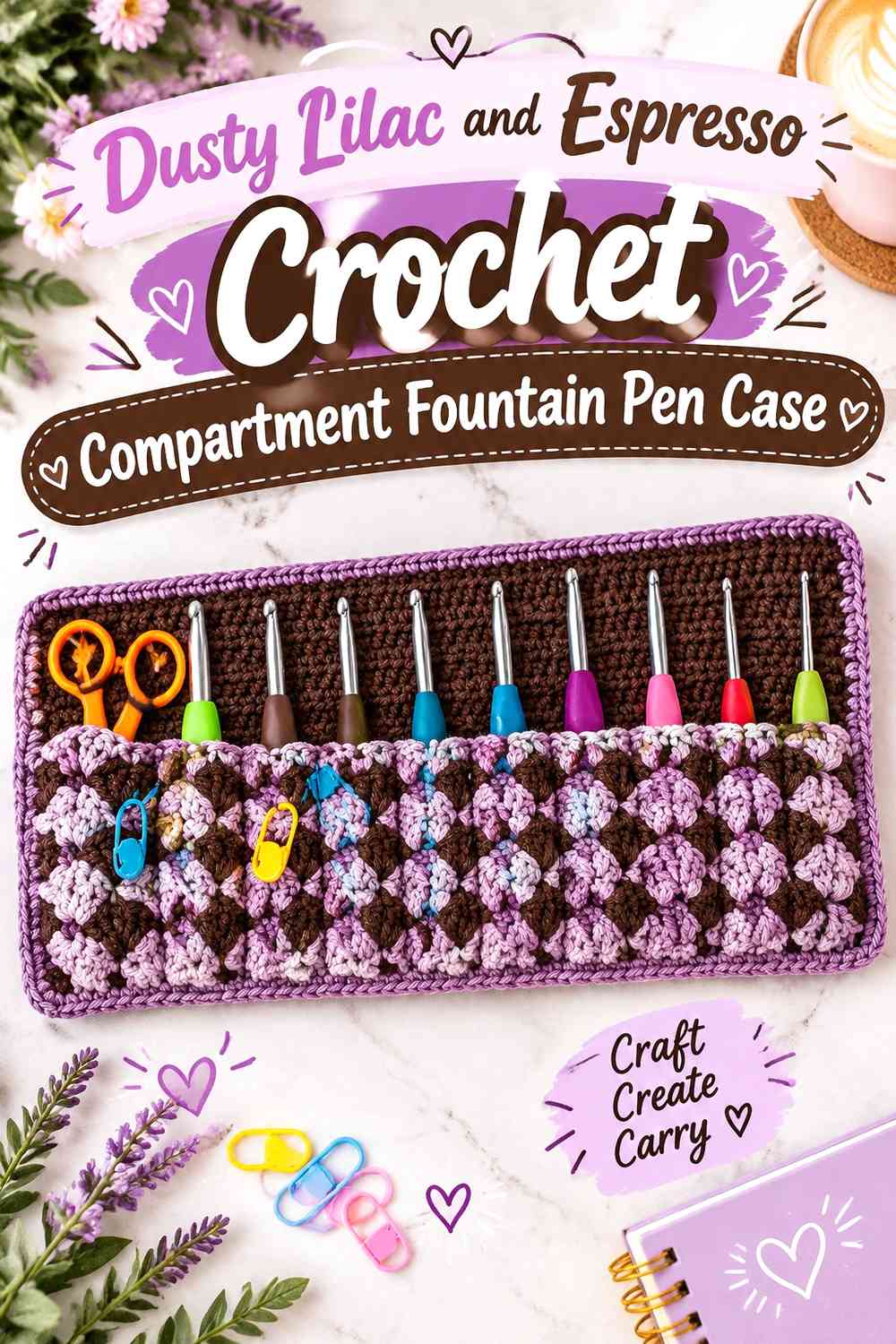 Dusty Lilac and Espresso Crochet Compartment Fountain Pen Case