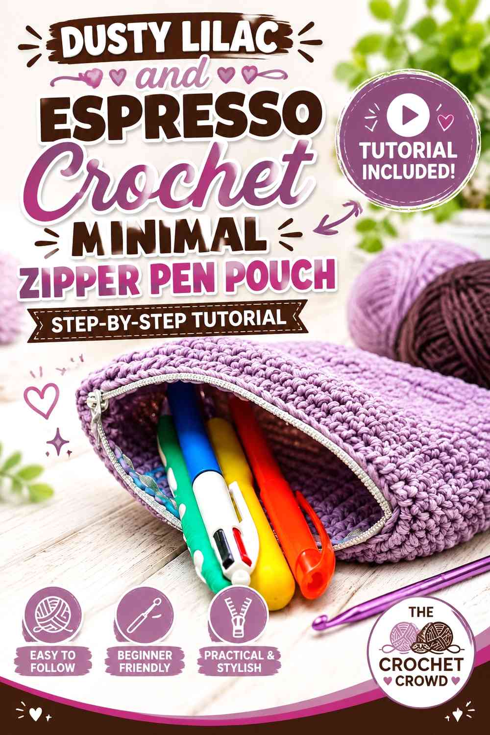 Dusty Lilac and Espresso Crochet Minimal Zipper Pen Pouch