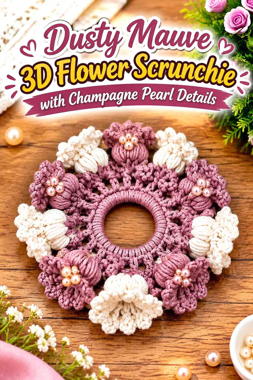 Dusty Mauve 3D Flower Scrunchie with Champagne Pearl Details