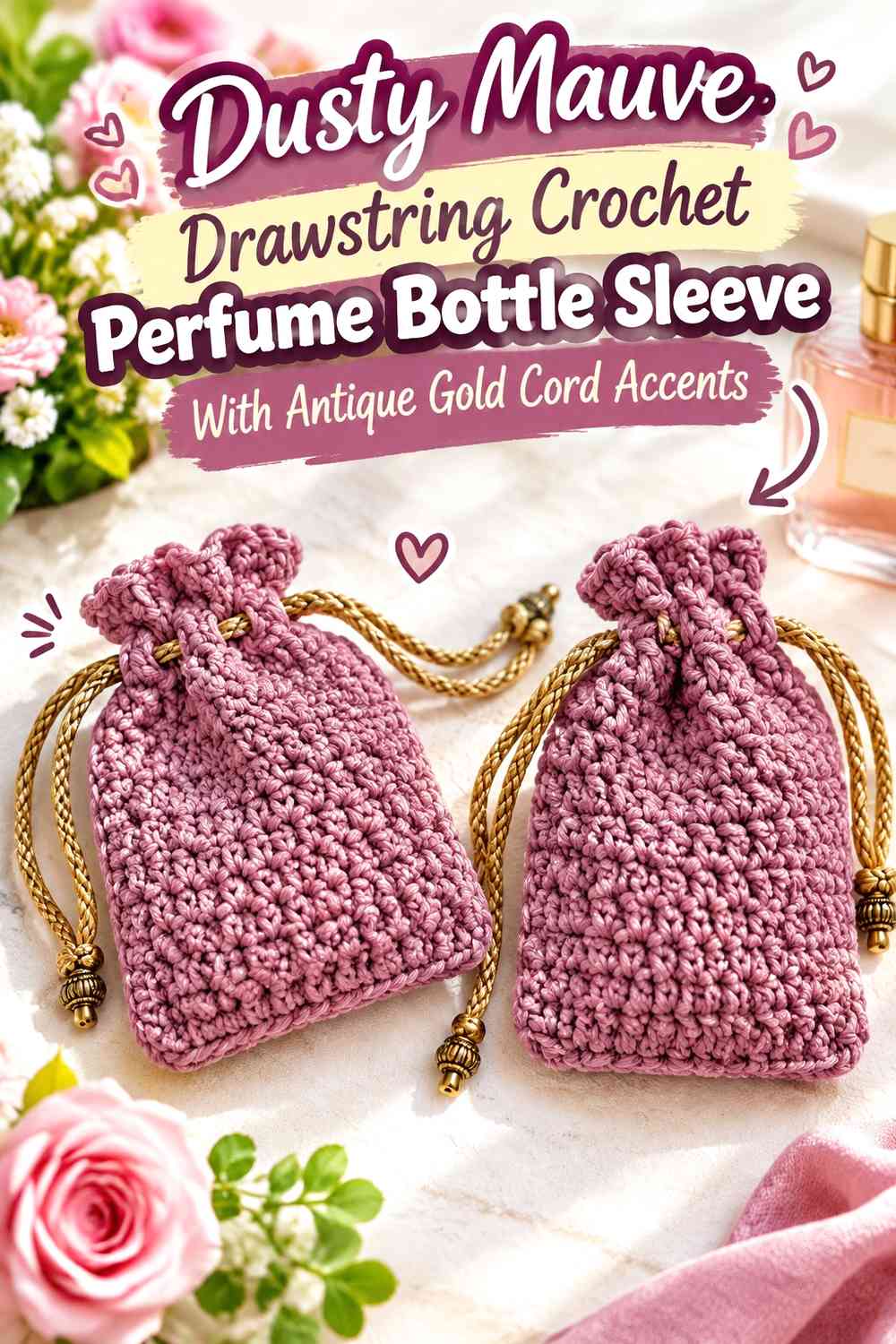 Dusty Mauve Drawstring Crochet Perfume Bottle Sleeve With Antique Gold Cord Accents