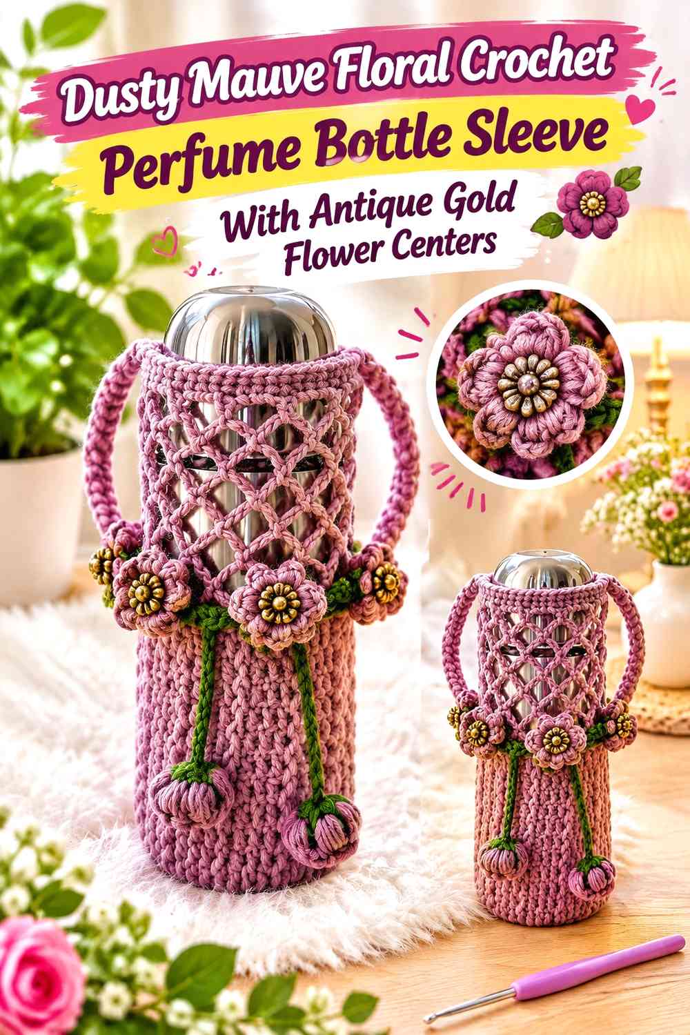 Dusty Mauve Floral Crochet Perfume Bottle Sleeve With Antique Gold Flower Centers