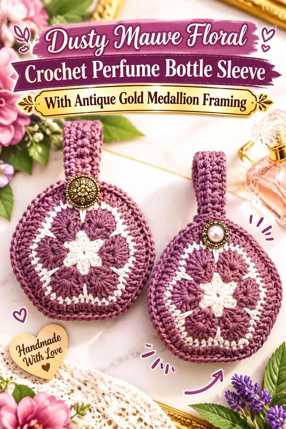 Dusty Mauve Floral Crochet Perfume Bottle Sleeve With Antique Gold Medallion Framing