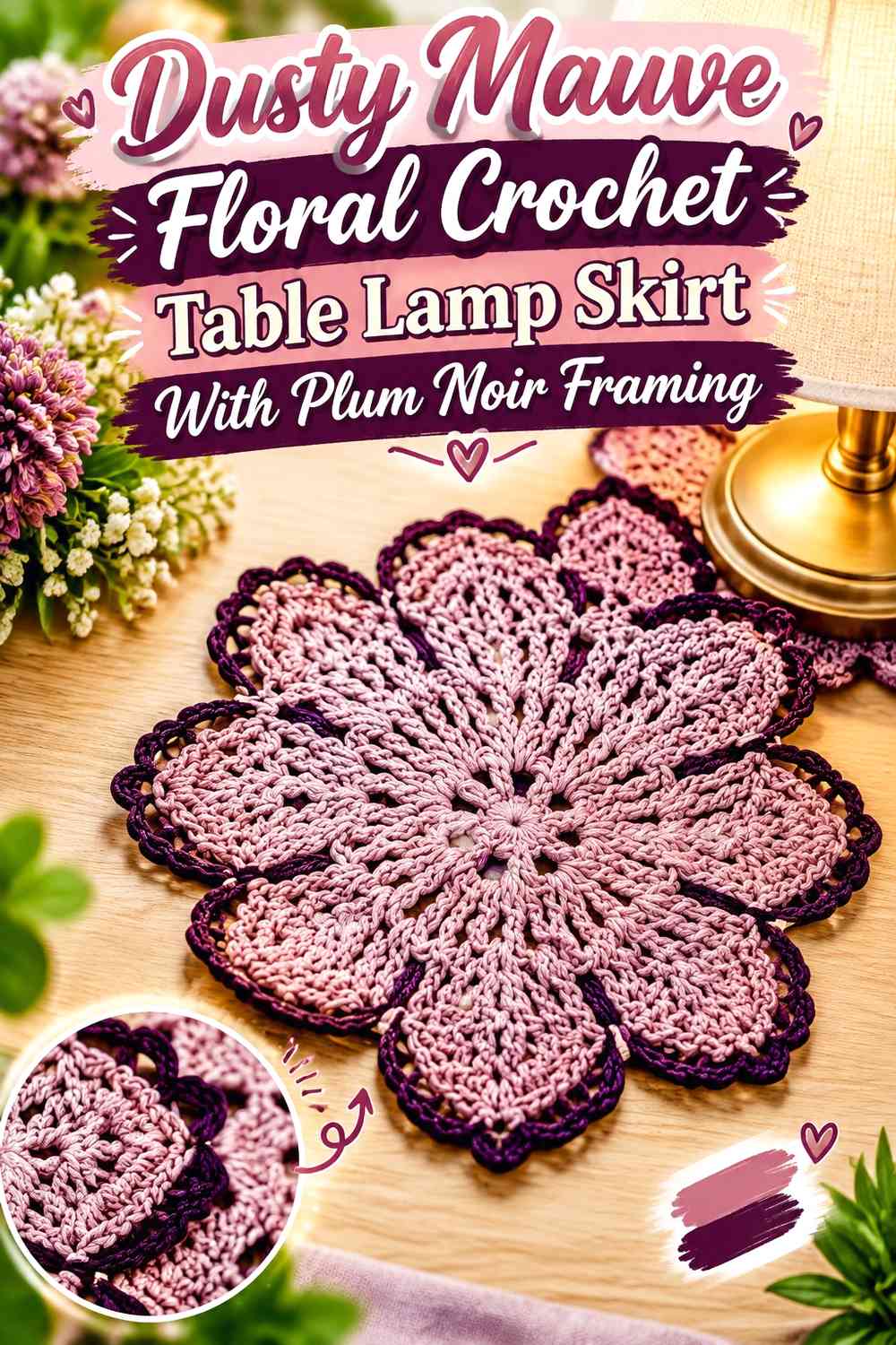 Dusty Mauve Floral Crochet Table Lamp Skirt With Plum Noir Framing