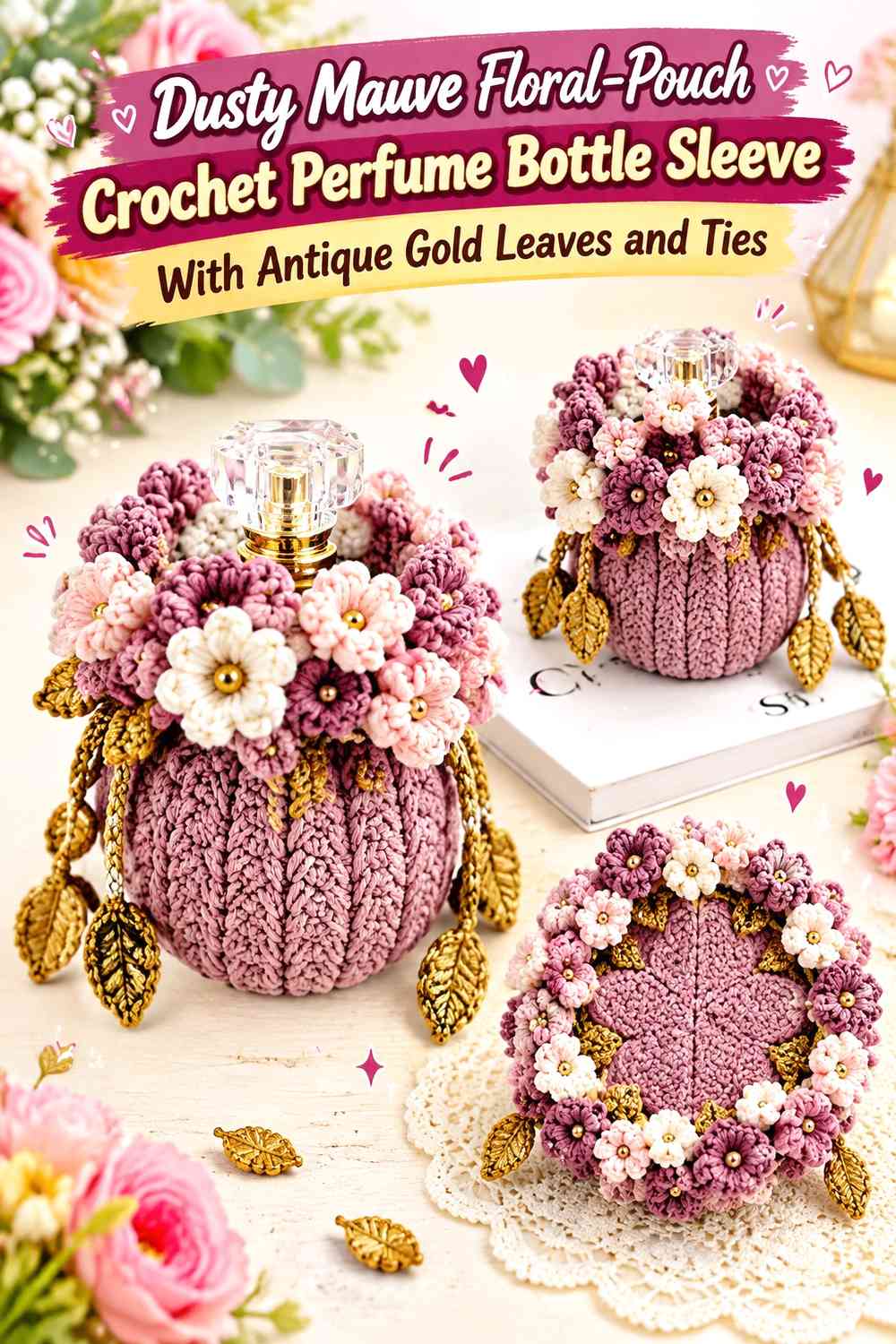 Dusty Mauve Floral-Pouch Crochet Perfume Bottle Sleeve With Antique Gold Leaves and Ties