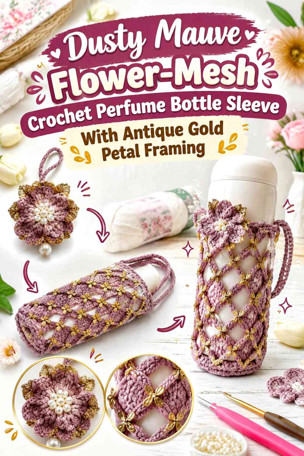 Dusty Mauve Flower-Mesh Crochet Perfume Bottle Sleeve With Antique Gold Petal Framing