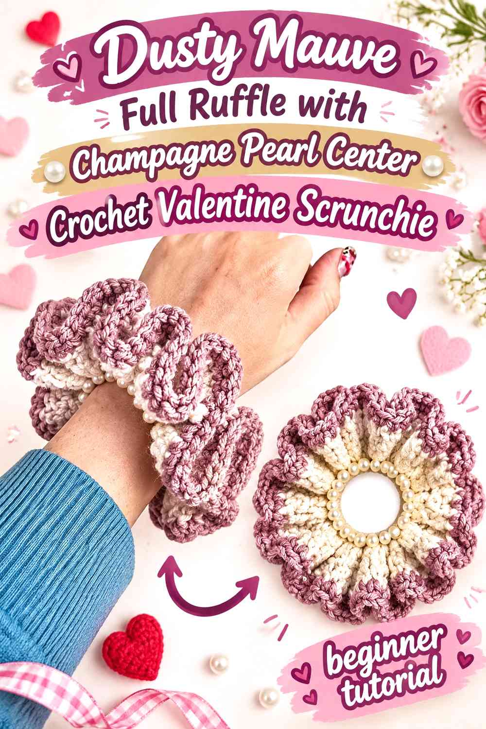Dusty Mauve Full Ruffle with Champagne Pearl Center Crochet Valentine Scrunchie