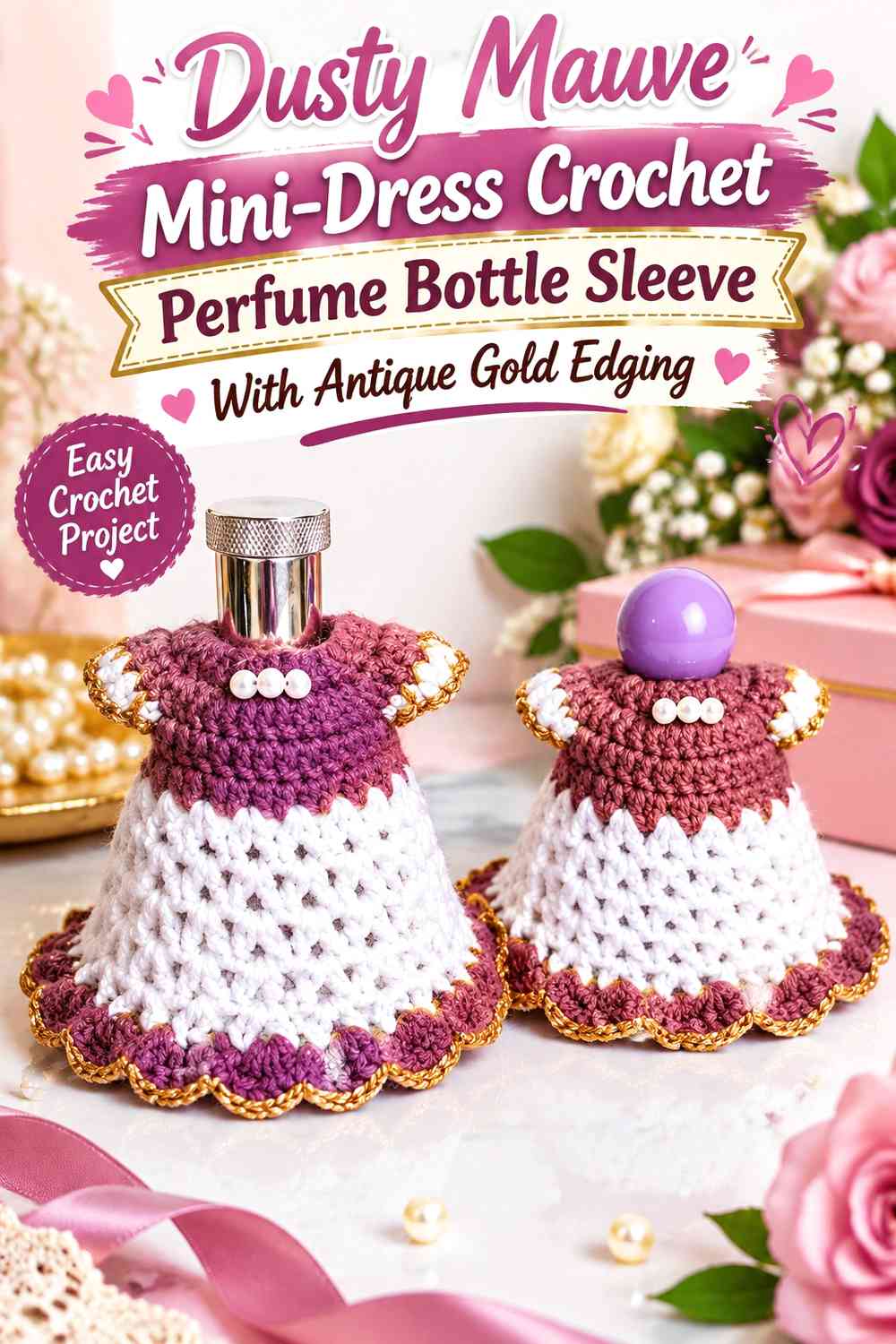 Dusty Mauve Mini-Dress Crochet Perfume Bottle Sleeve With Antique Gold Edging