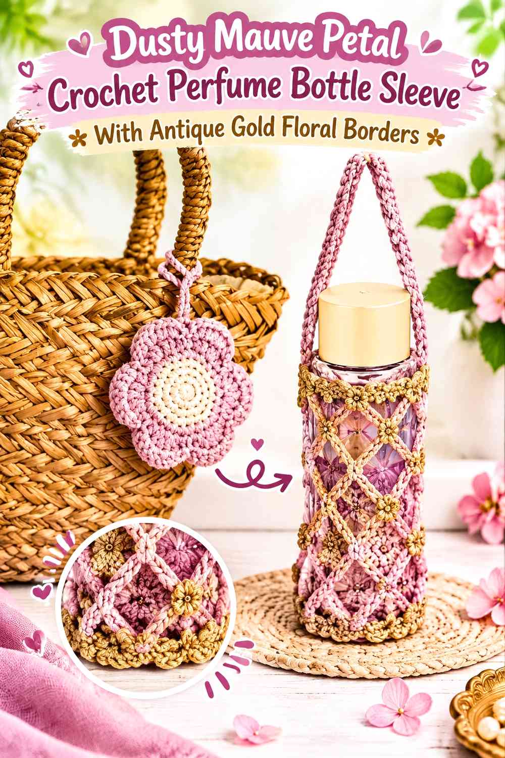 Dusty Mauve Petal Crochet Perfume Bottle Sleeve With Antique Gold Floral Borders