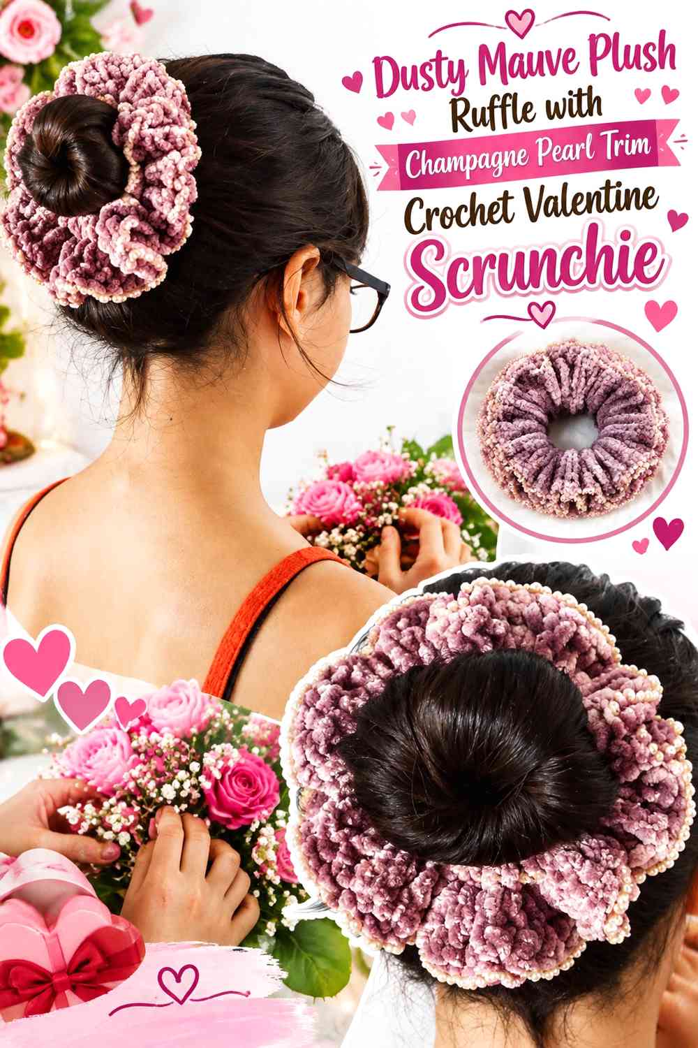 Dusty Mauve Plush Ruffle with Champagne Pearl Trim Crochet Valentine Scrunchie