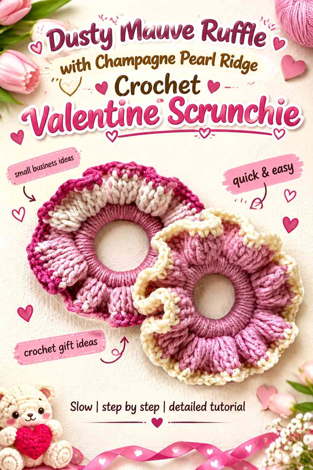 Dusty Mauve Ruffle with Champagne Pearl Ridge Crochet Valentine Scrunchie