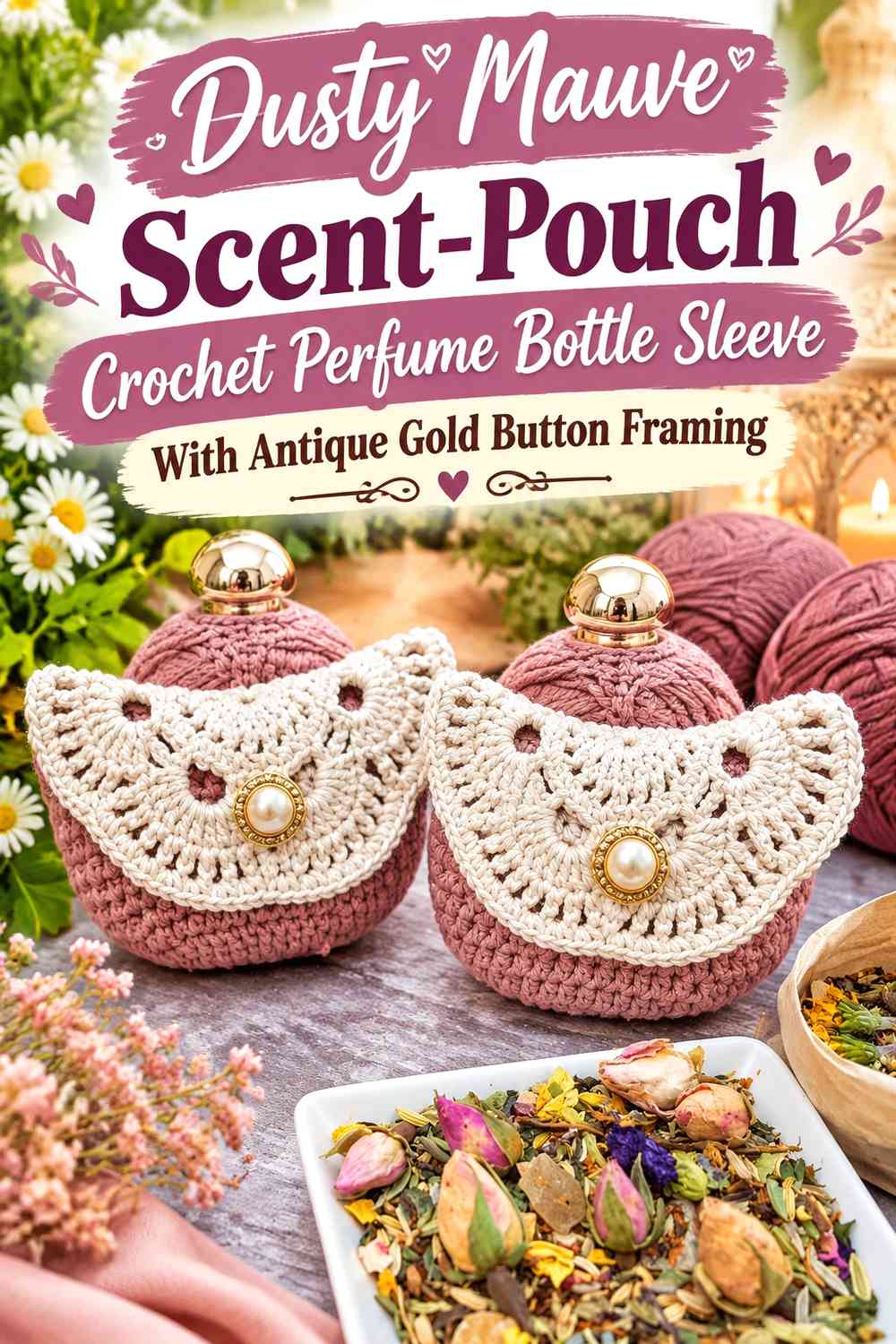 Dusty Mauve Scent-Pouch Crochet Perfume Bottle Sleeve With Antique Gold Button Framing