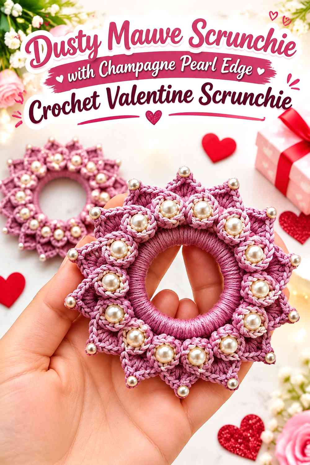 Dusty Mauve Scrunchie with Champagne Pearl Edge Crochet Valentine Scrunchie