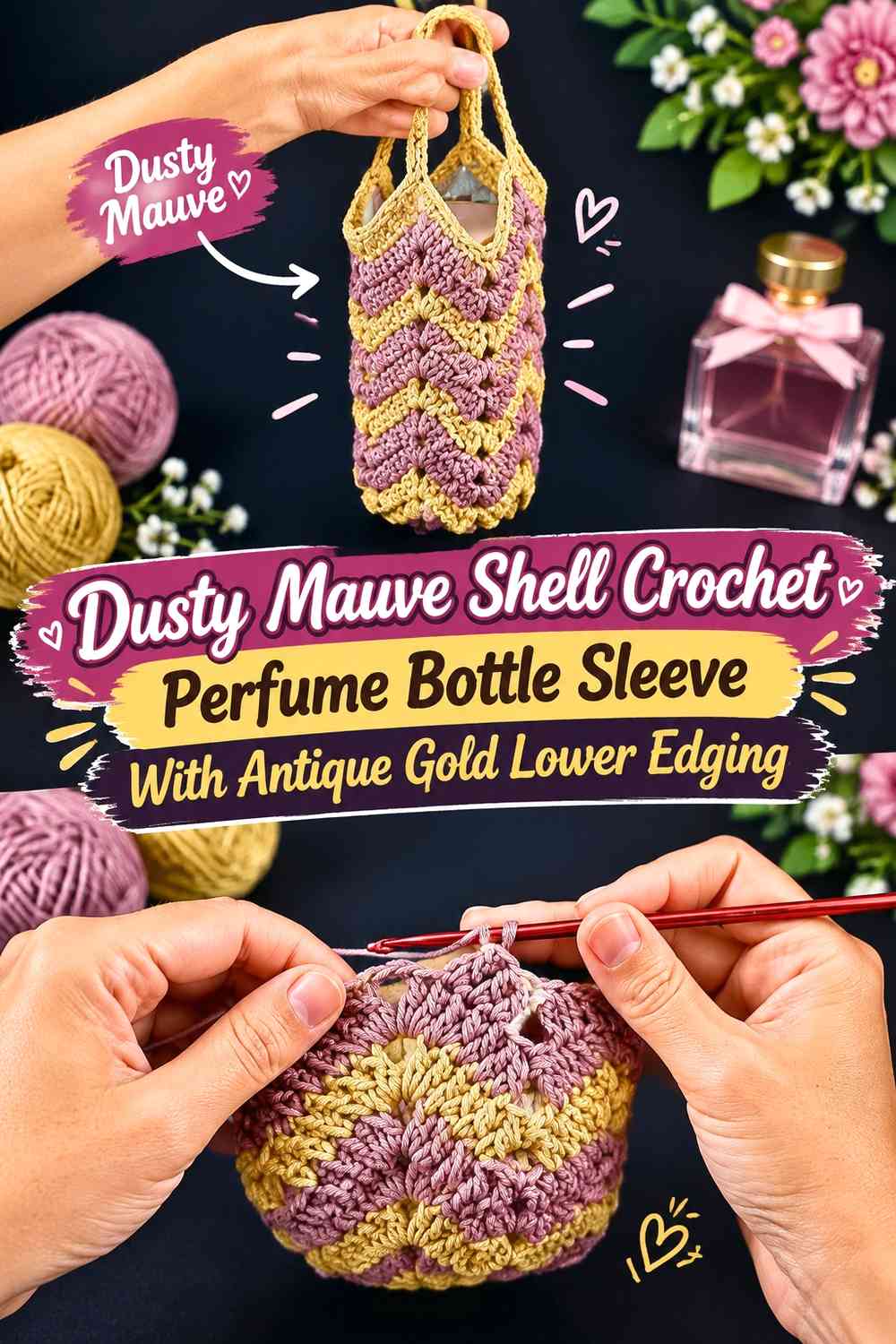 Dusty Mauve Shell Crochet Perfume Bottle Sleeve With Antique Gold Lower Edging