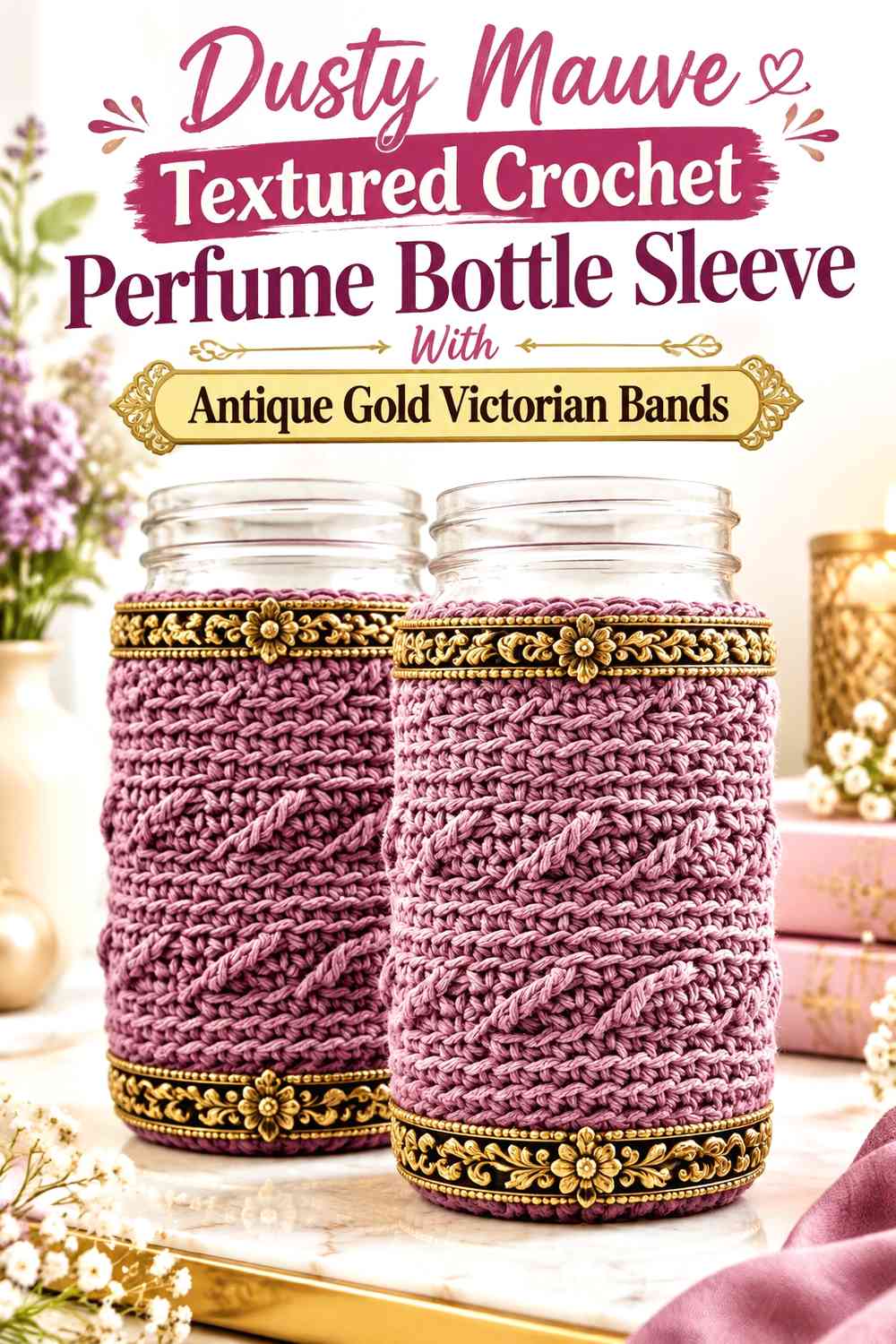Dusty Mauve Textured Crochet Perfume Bottle Sleeve With Antique Gold Victorian Bands