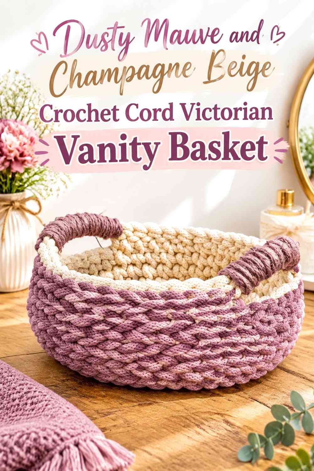 Dusty Mauve and Champagne Beige Crochet Cord Victorian Vanity Basket
