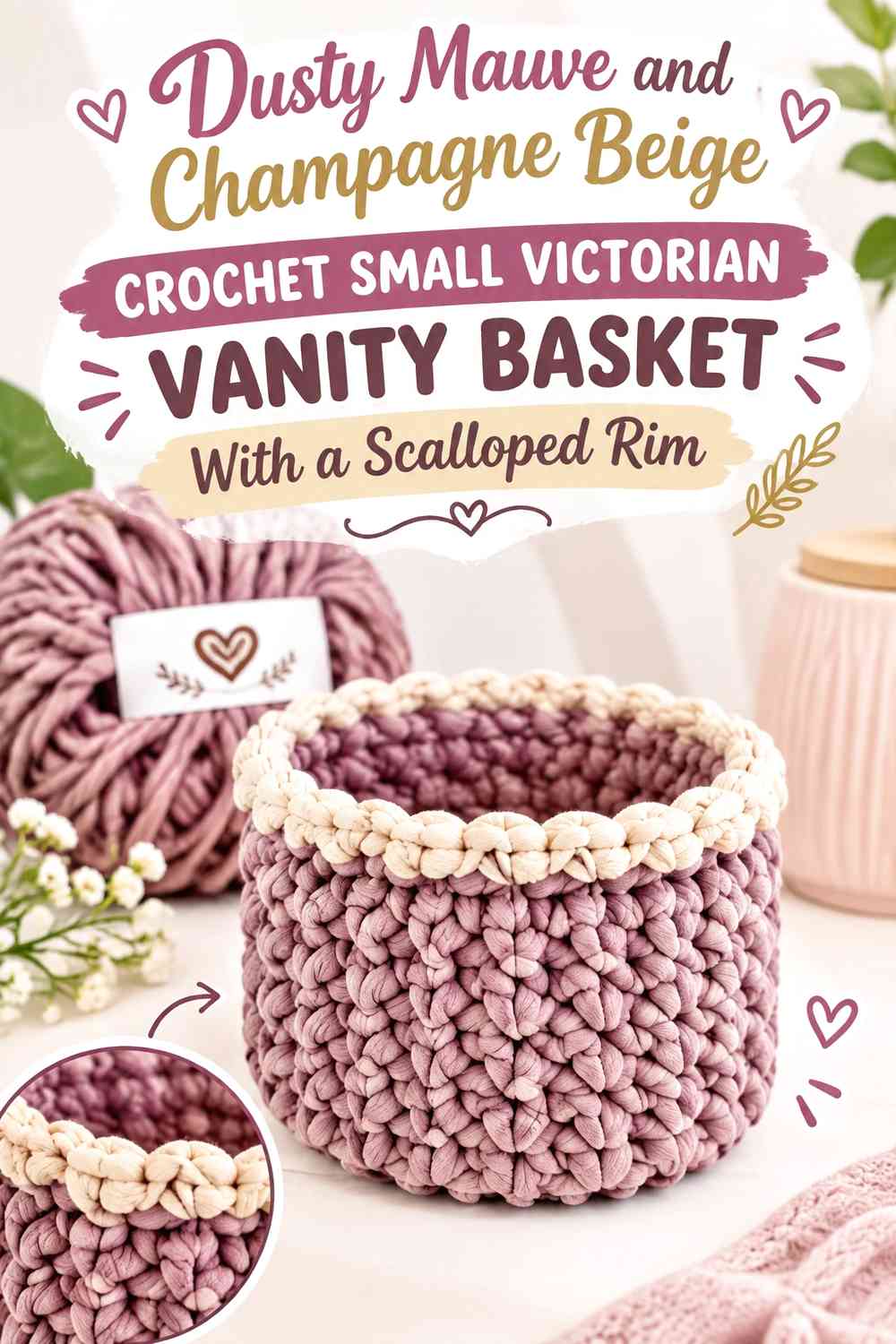 Dusty Mauve and Champagne Beige Crochet Small Victorian Vanity Basket With a Scalloped Rim