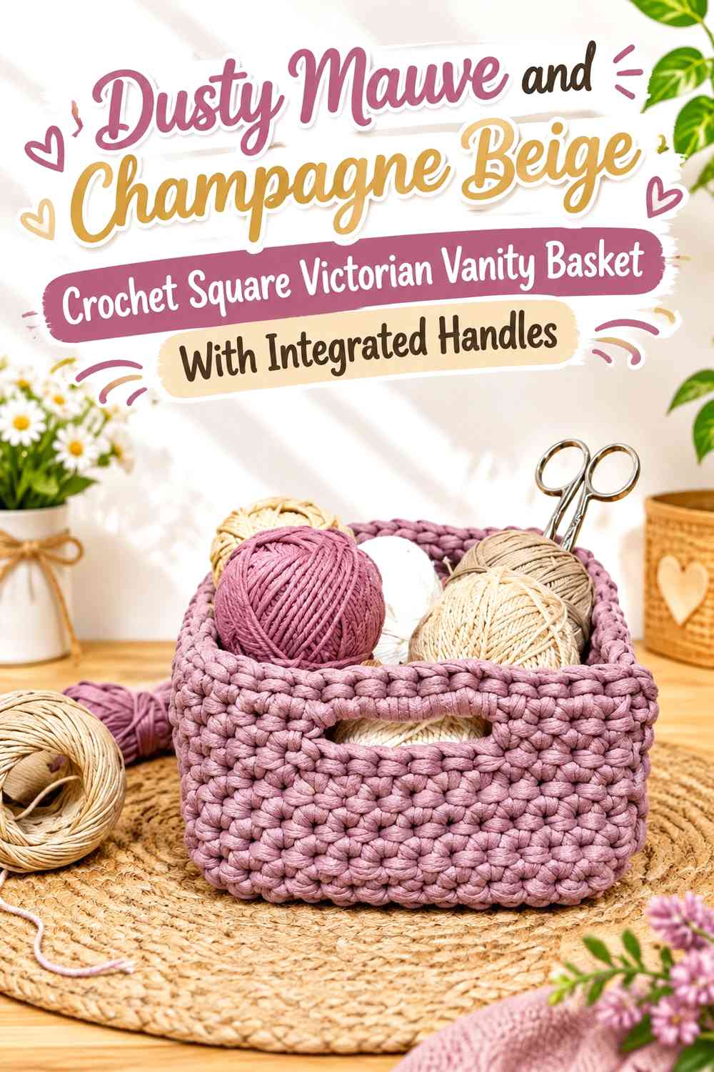 Dusty Mauve and Champagne Beige Crochet Square Victorian Vanity Basket With Integrated Handles